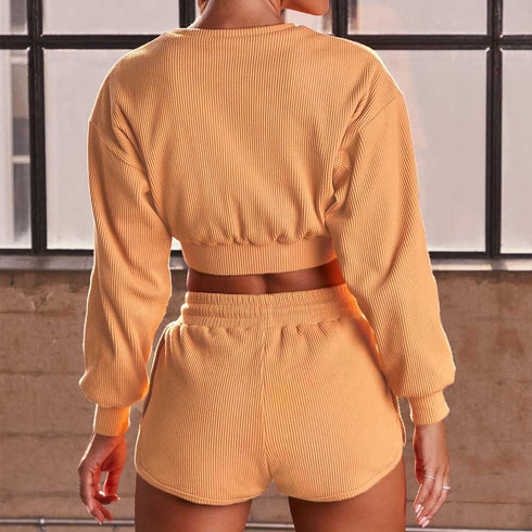 the keeper comfy shorts & long sleeve jogger cropped top SET CREAM